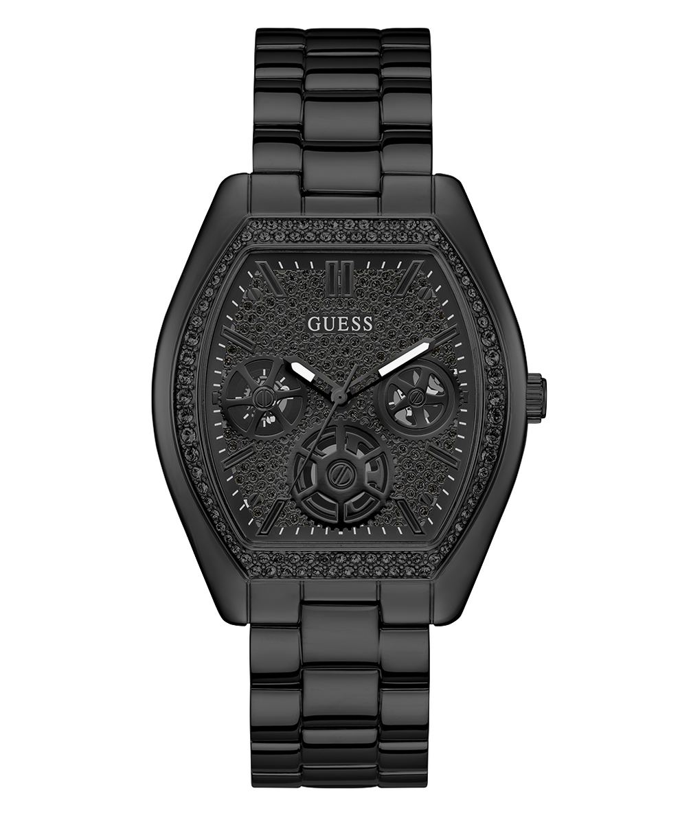 Black Guess watch with detailed face on a white background