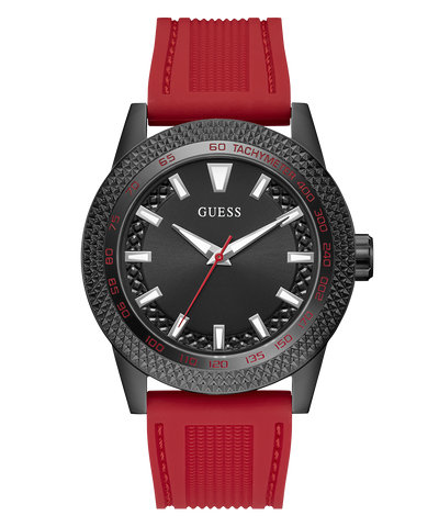 Watch with black dial and red strap on a white background