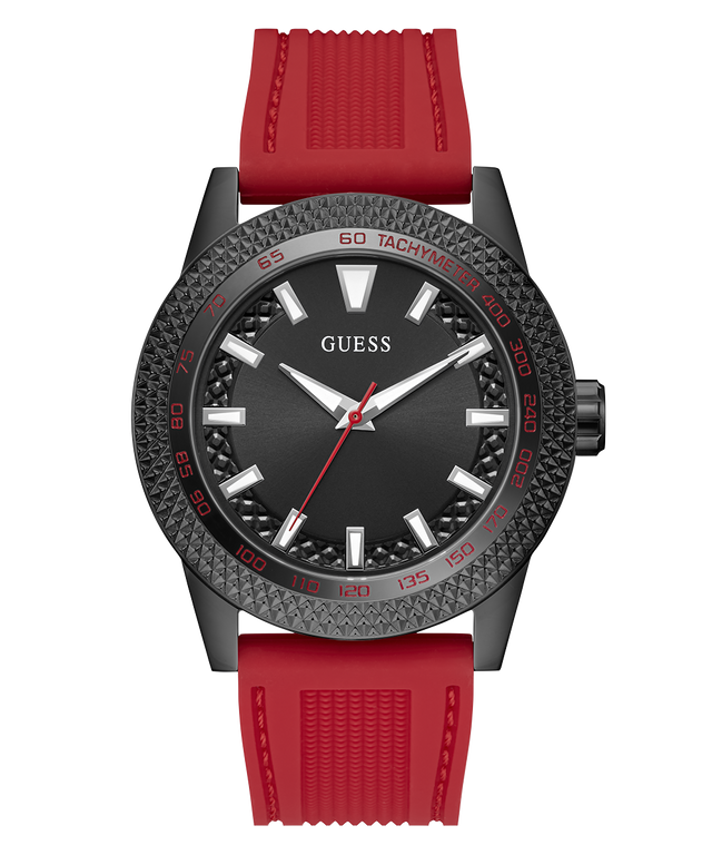 Watch with black dial and red strap on a white background