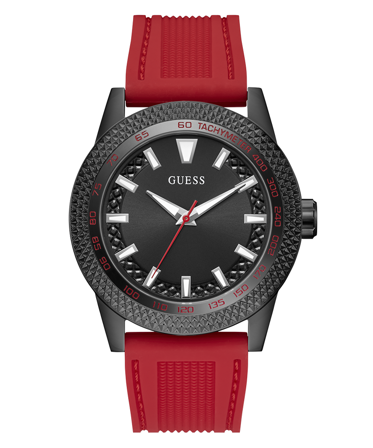 Watch with black dial and red strap on a white background