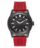Watch with black dial and red strap on a white background