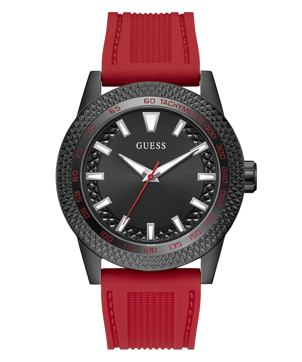 Watch with black dial and red strap on a white background