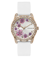 Guess watch with floral design and white strap on a white background