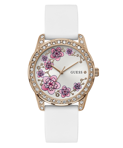 Guess watch with floral design and white strap on a white background