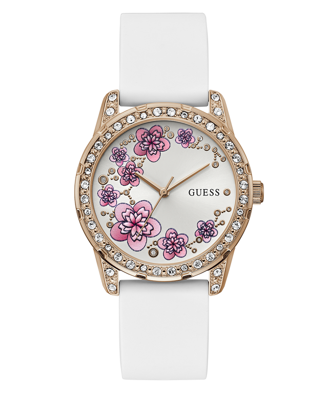 Guess watch with floral design and white strap on a white background