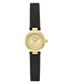 Gold watch with black leather strap on a white background