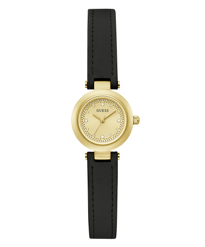 Gold watch with black leather strap on a white background
