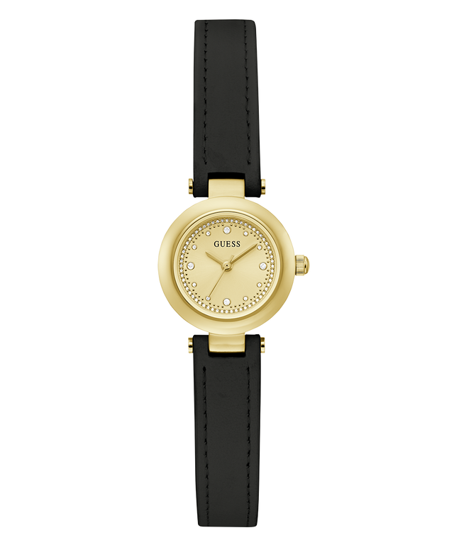 Gold watch with black leather strap on a white background