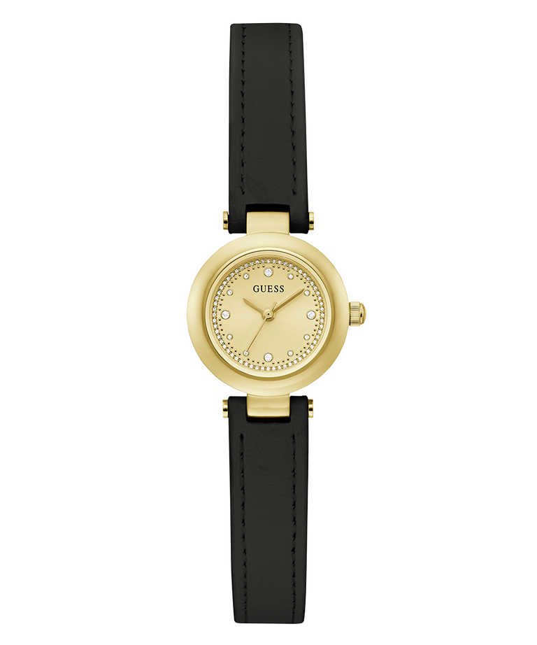 Gold watch with black leather strap on a white background
