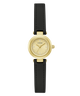 Gold watch with black leather strap on a white background