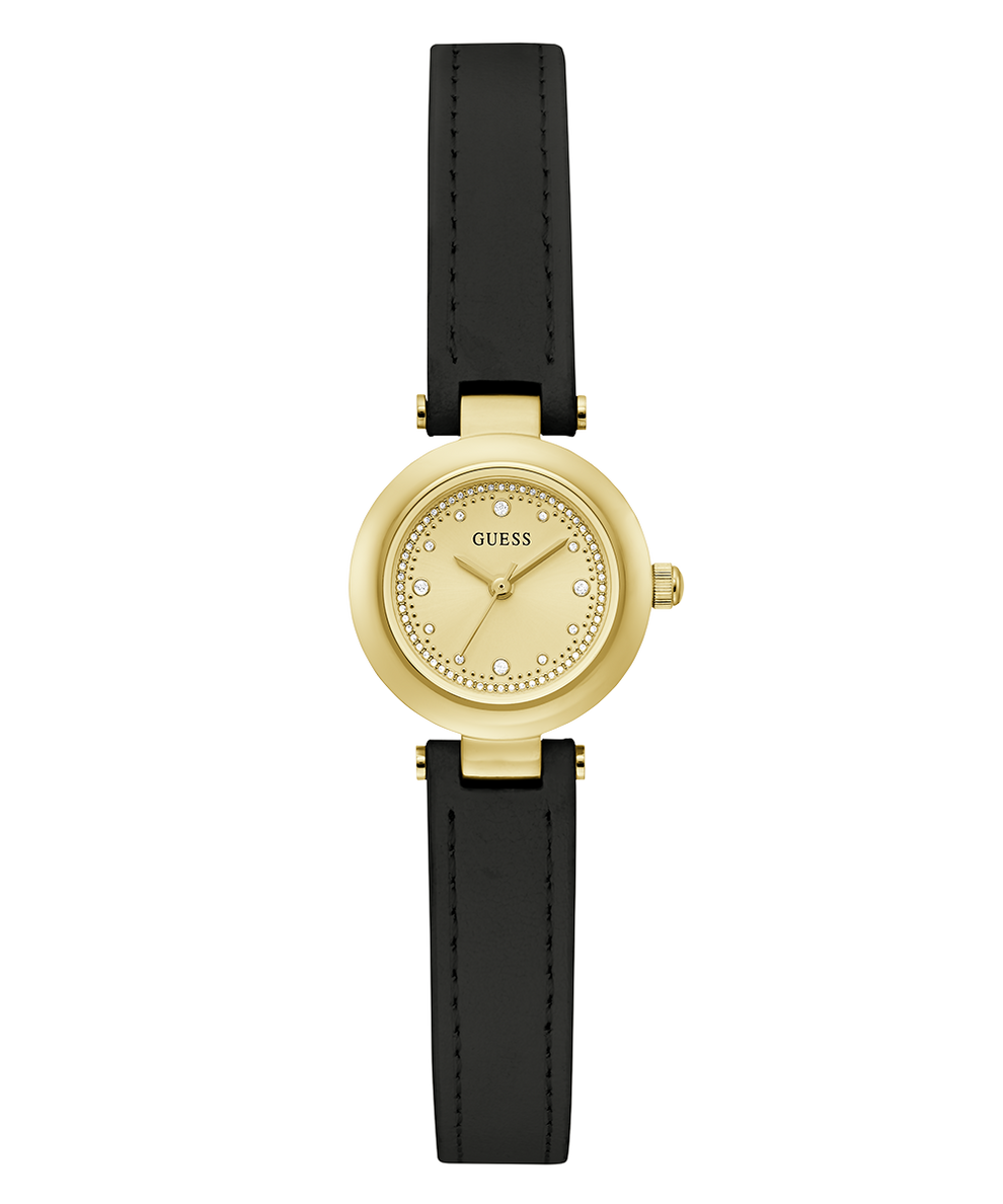 Gold watch with black leather strap on a white background