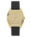 Gold watch with black strap and diamond-studded face on a white background