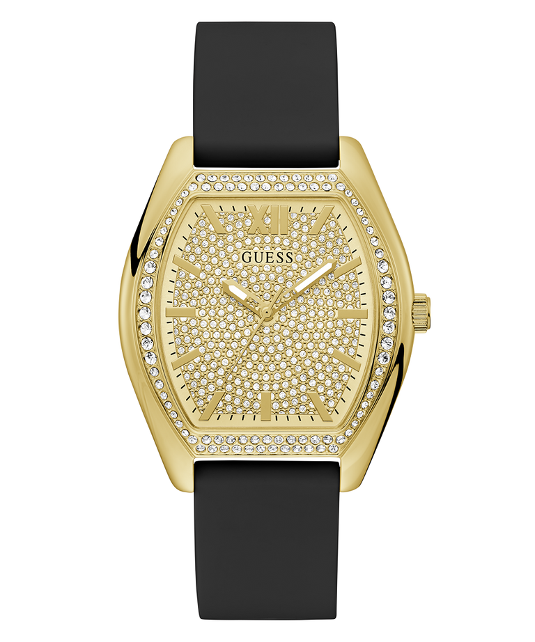 Gold watch with black strap and diamond-studded face on a white background