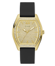 Gold watch with black strap and diamond-studded face on a white background