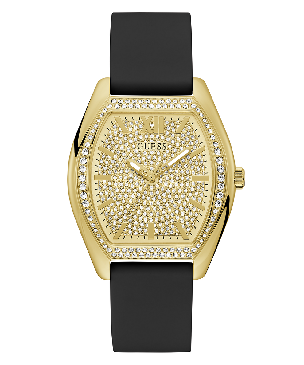 Gold watch with black strap and diamond-studded face on a white background