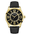 Black and gold watch with a black leather strap on a white background