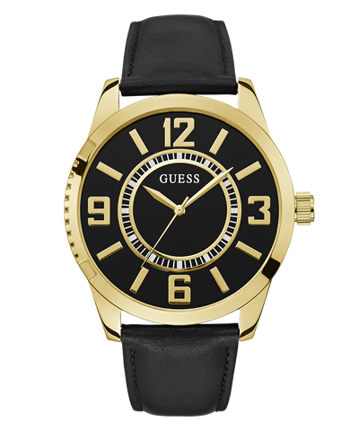 Black and gold watch with a black leather strap on a white background
