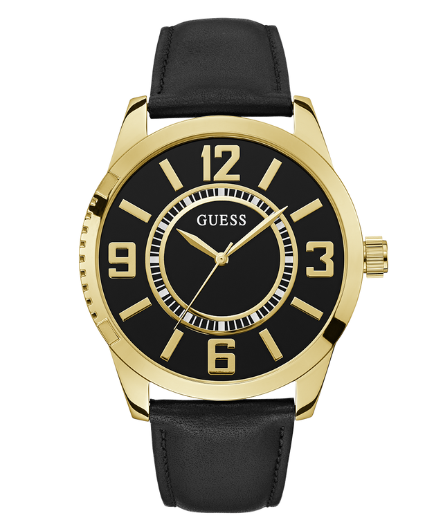 Black and gold watch with a black leather strap on a white background