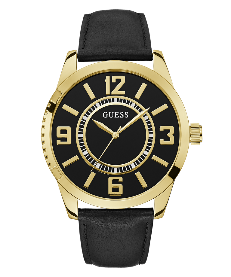 Black and gold watch with a black leather strap on a white background