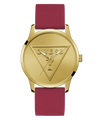 Gold watch with a maroon strap featuring the Guess logo on a white background