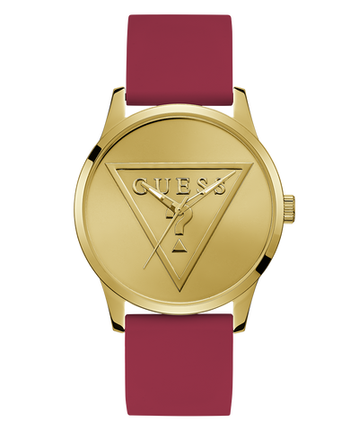 Gold watch with a maroon strap featuring the Guess logo on a white background