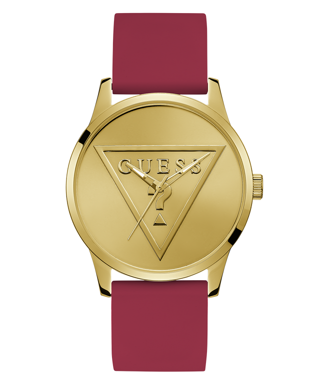 Gold watch with a maroon strap featuring the Guess logo on a white background