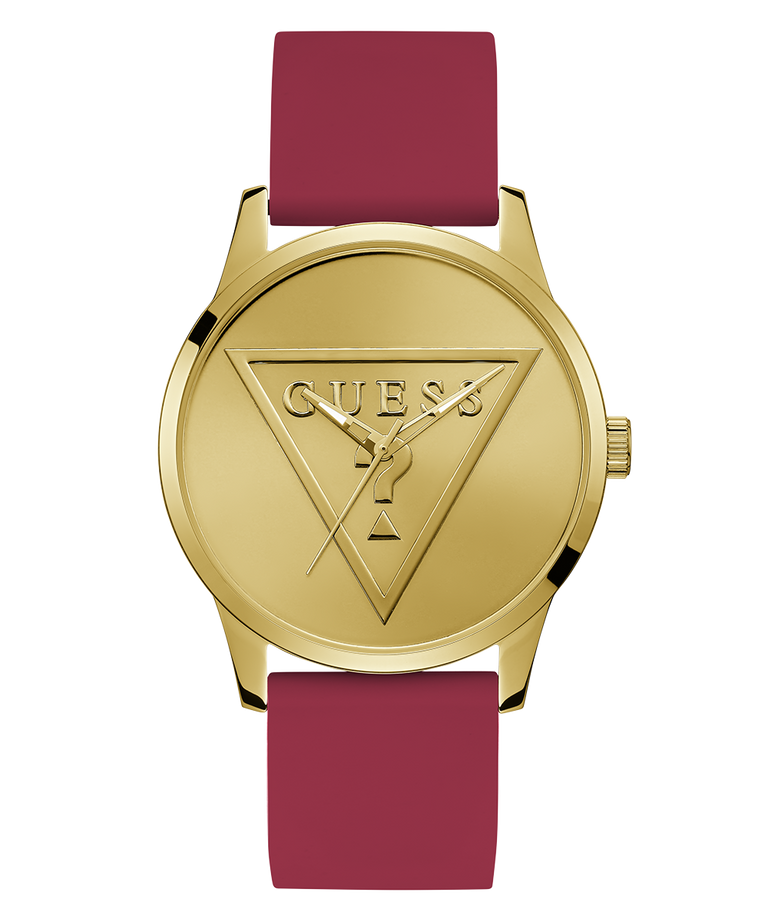Gold watch with a maroon strap featuring the Guess logo on a white background