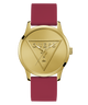 Gold watch with a maroon strap featuring the Guess logo on a white background