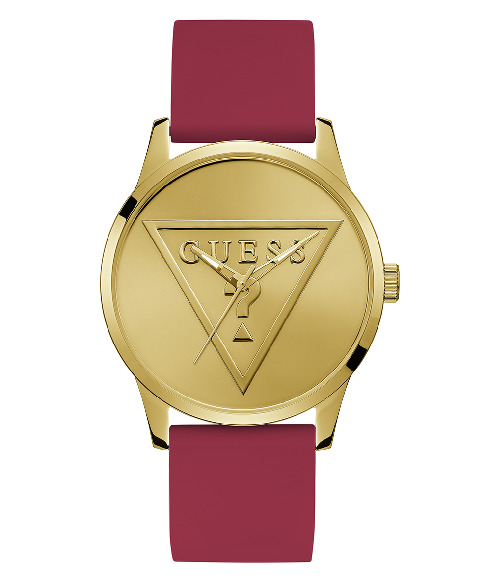 Gold watch with a maroon strap featuring the Guess logo on a white background