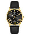 Black and gold watch with Guess logo on a white background