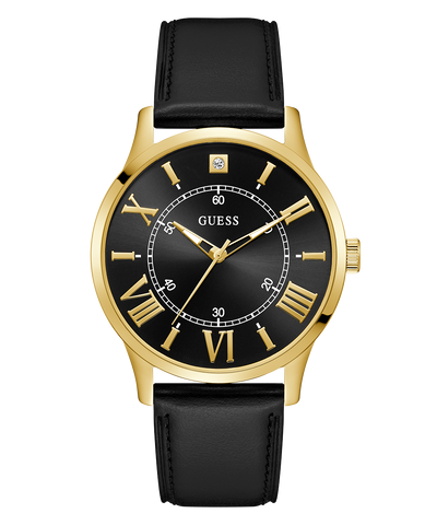 Black and gold watch with Guess logo on a white background