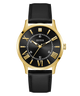 Black and gold watch with Guess logo on a white background