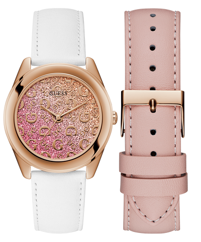 Two watches with white and pink leather straps on a white background