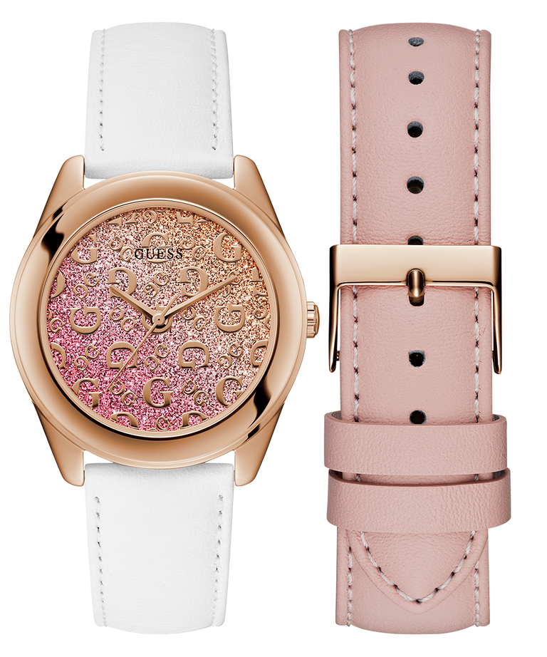 Two watches with white and pink leather straps on a white background