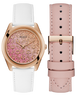 Two watches with white and pink leather straps on a white background