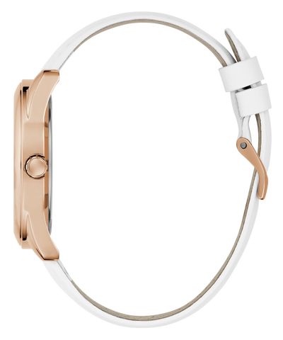 Watch with a white strap and rose gold case on a white background