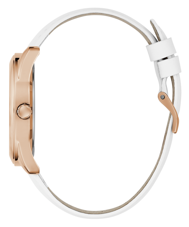 Watch with a white strap and rose gold case on a white background