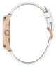 Watch with a white strap and rose gold case on a white background