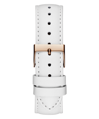 White leather watch strap with gold buckle on a white background