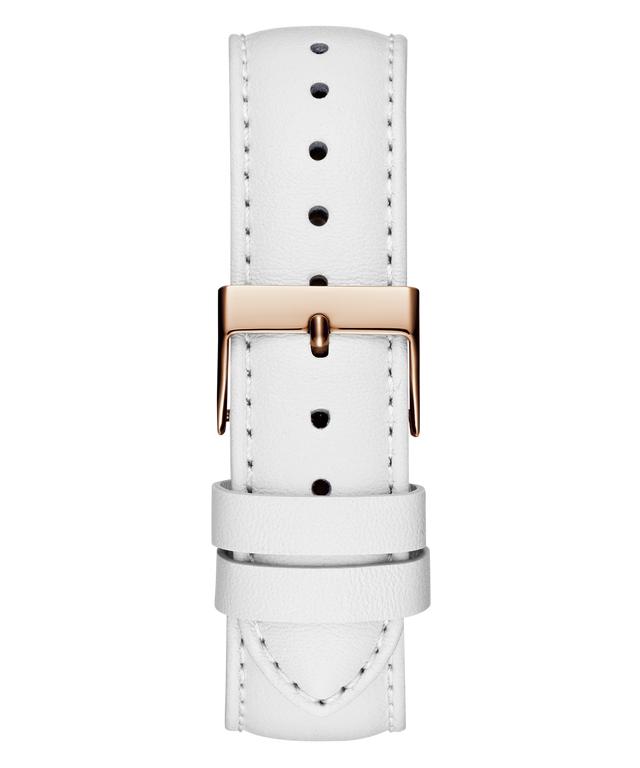 White leather watch strap with gold buckle on a white background