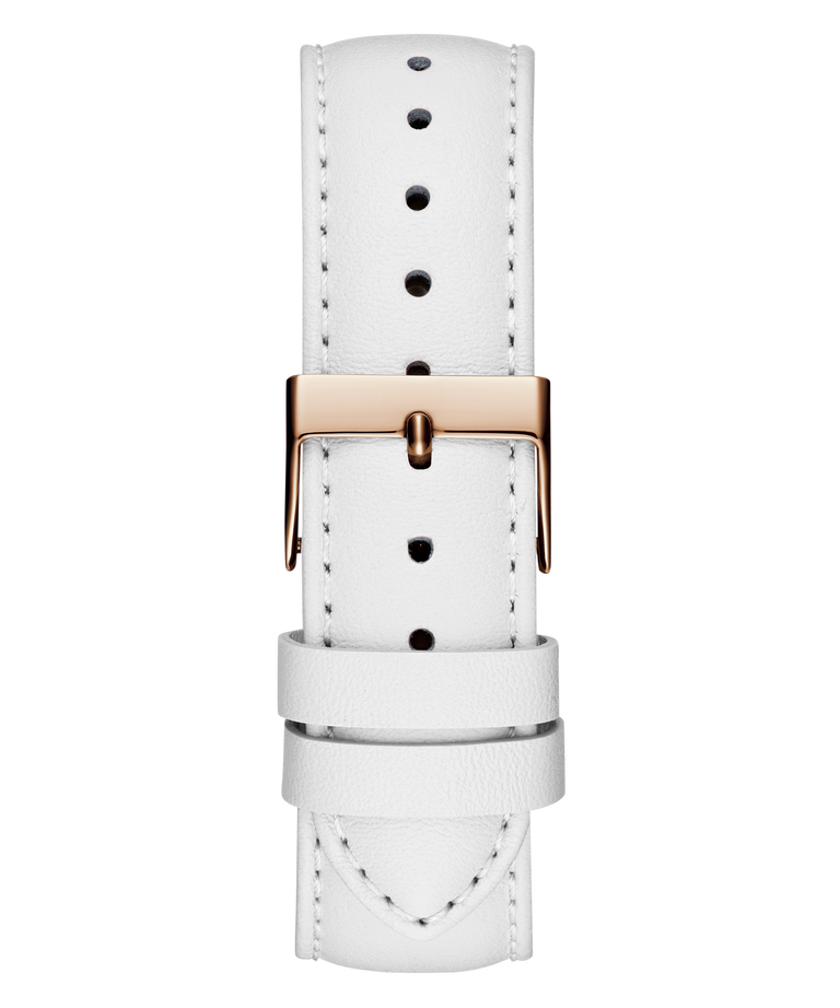 White leather watch strap with gold buckle on a white background