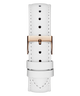 White leather watch strap with gold buckle on a white background