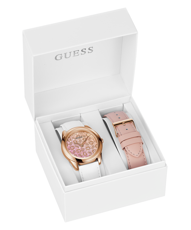 Guess watch set with two watches in a white box on a white background