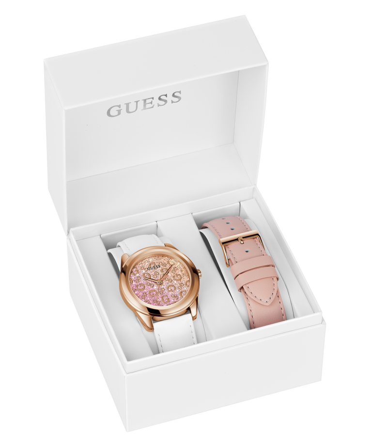 Guess watch set with two watches in a white box on a white background