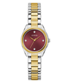 Two-tone watch with red face and gold accents on a white background