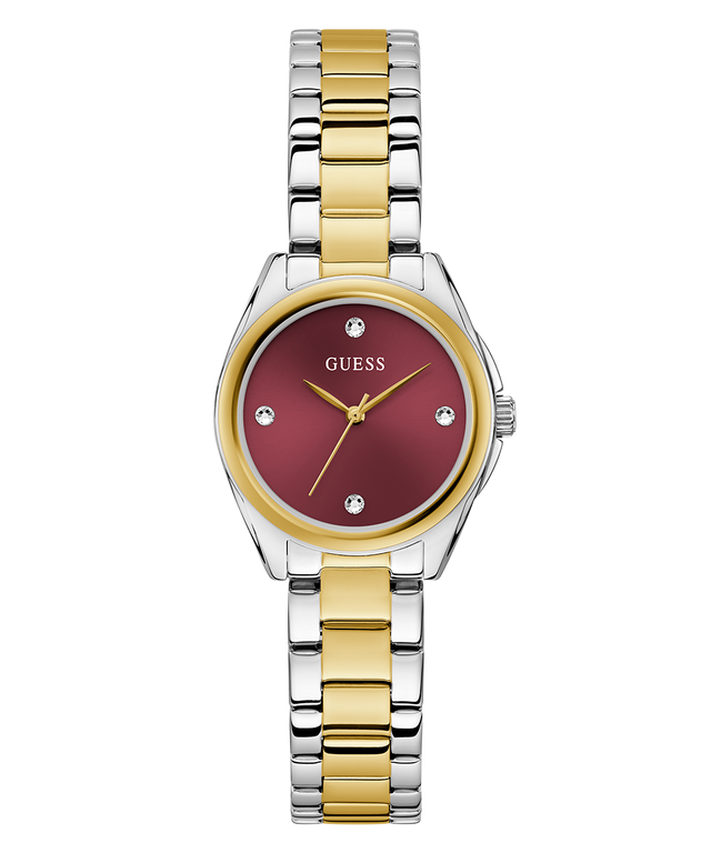Two-tone watch with red face and gold accents on a white background