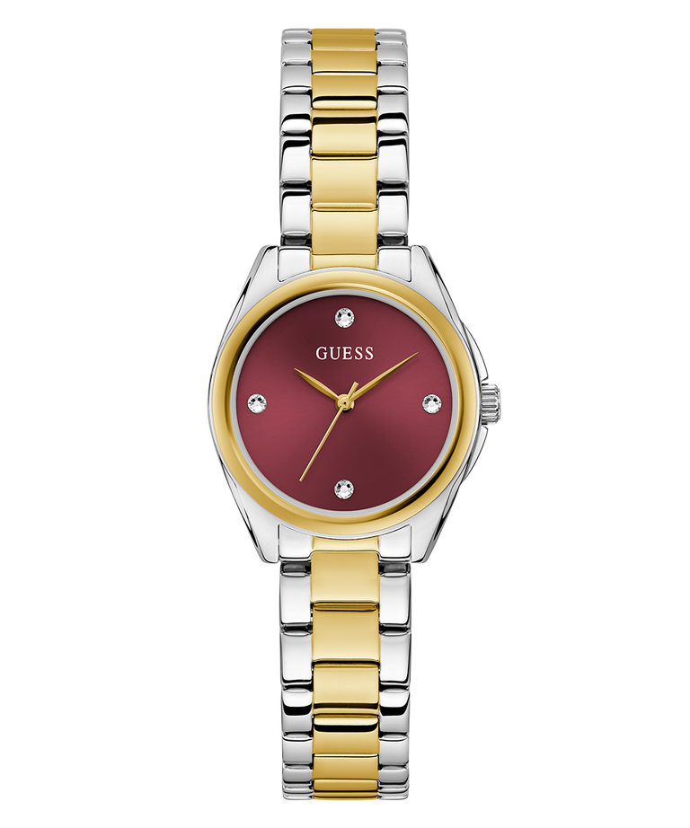 Two-tone watch with red face and gold accents on a white background