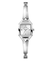 Silver watch with a rectangular face on a white background