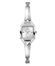 Silver watch with a rectangular face on a white background