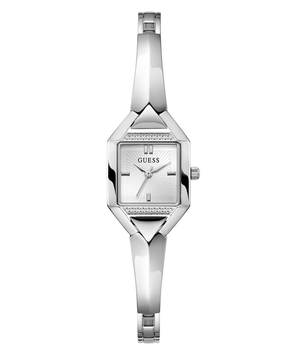 Silver watch with a rectangular face on a white background